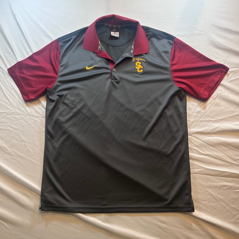 Nike Dri-FIT USC Trojans Polo Shirt Mens Large Gray Red Short Sleeve Athletic